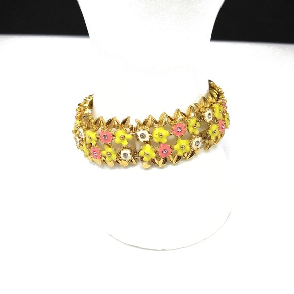 1980s Monet Floral Enamel Bracelet Pink Yellow White Rhinestone Vintage Jewelry - Picture 2 of 10